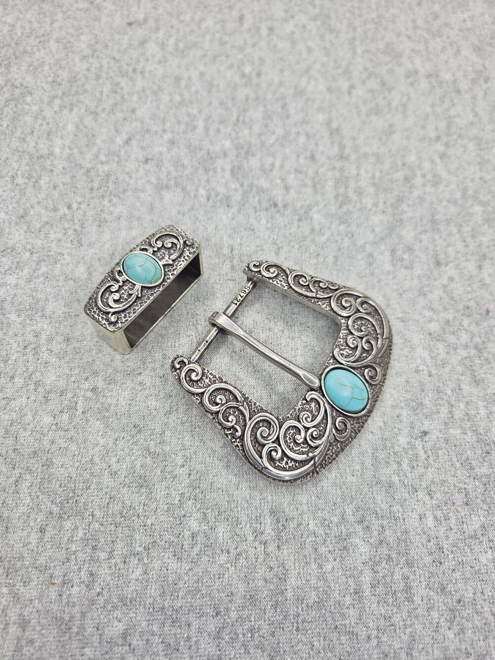 Vintage Western Belt Buckle Set Nickel Silver Turquoise Floral Engraved